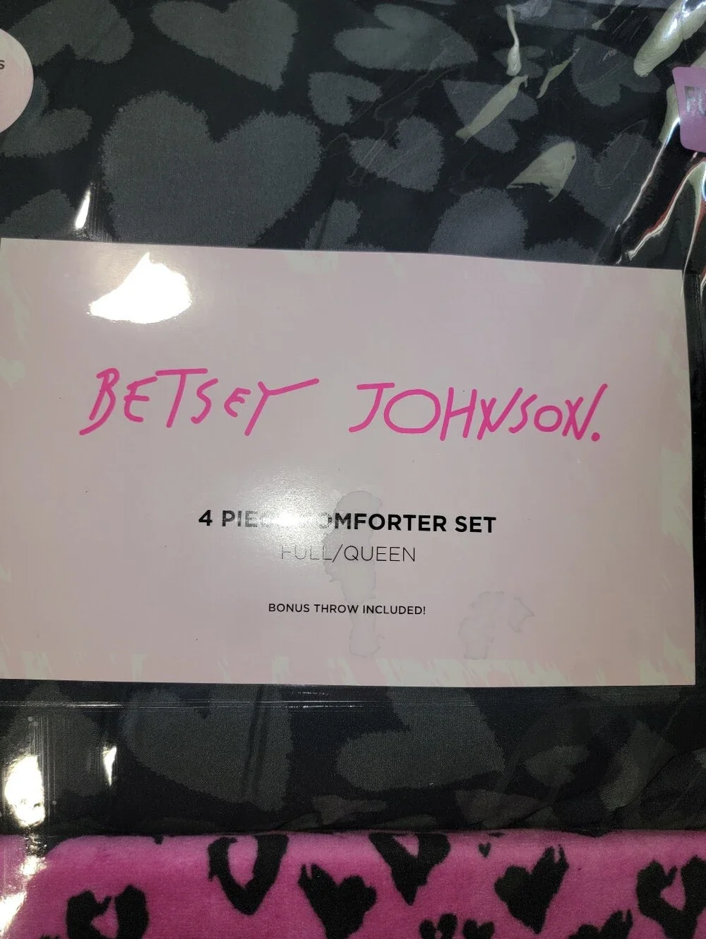 Betsey Johnson Black & Pink Heart and Leopard Comforter Set NIB
